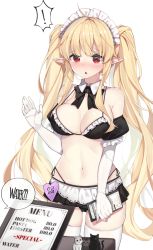 Rule 34 | !, 1girl, :o, ahoge, bare shoulders, bikini, black bikini, black bow, black bowtie, black skirt, blonde hair, blush, bow, bowtie, breasts, chukibabo2, clipboard, commentary request, copyright request, detached sleeves, elbow gloves, english text, frilled bikini, frilled sleeves, frills, gloves, hand up, highres, holding, holding clipboard, korean commentary, long hair, looking at viewer, maid headdress, medium breasts, menu, microskirt, navel, pointy ears, red eyes, short sleeves, side-tie bikini bottom, simple background, skirt, solo, speech bubble, spoken exclamation mark, standing, stomach, string bikini, swimsuit, thighhighs, twintails, very long hair, white background, white gloves, white thighhighs