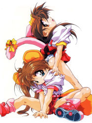 Rule 34 | 1990s (style), 2girls, animal ears, aqua eyes, ass, brown hair, chap (chip-chan kick!), chip, chip-chan kick!, fake animal ears, from behind, highres, hirohiko yanagi, long hair, looking at viewer, looking back, miniskirt, multiple girls, non-web source, official art, panties, profile, red eyes, retro artstyle, ribbon, scan, shoes, short shorts, short sleeves, shorts, simple background, sitting, sitting on person, skirt, sneakers, spread legs, tail, tail ornament, tail ribbon, thighs, underwear, upshorts, upskirt, v arms, wedgie, white background, white panties