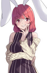 Rule 34 | 1girl, animal ears, bare shoulders, black dress, blush, brown jacket, copyright request, dress, hand up, highres, jacket, long hair, long sleeves, looking at viewer, off shoulder, open clothes, open jacket, parted lips, rabbit ears, red eyes, red hair, saiste, simple background, sleeveless, sleeveless dress, smile, solo, striped clothes, striped dress, upper body, vertical-striped clothes, vertical-striped dress, white background