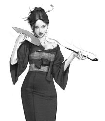 Rule 34 | 1girl, absurdres, b66wt, chinese clothes, clothing request, greyscale, hair ornament, hand fan, head tilt, highres, holding, holding fan, holding smoking pipe, looking at viewer, monochrome, original, puckered lips, realistic, single bare shoulder, smoking, smoking pipe, solo, updo