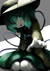Rule 34 | 1girl, :d, absurdres, black hat, bloomers, commentary request, eyeball, floral print, frilled shirt collar, frilled skirt, frills, green eyes, green hair, green skirt, hat, hat ribbon, head tilt, highres, komeiji koishi, large hat, limited palette, looking at viewer, maa (forsythia1729), open mouth, outstretched arm, print skirt, ribbon, rose print, simple background, skirt, smile, third eye, touhou, underwear, yellow bloomers