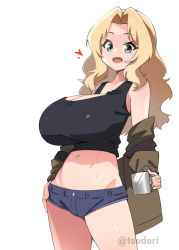 Rule 34 | 1girl, alternate breast size, artist name, blonde hair, breasts, coffee, coffee mug, cup, girls und panzer, heart, holding, holding cup, huge breasts, jacket, kay (girls und panzer), long hair, micro shorts, mug, navel, open mouth, short shorts, shorts, simple background, smile, solo, toudori, white background