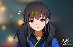 Rule 34 | 1girl, artist name, black hair, blue kimono, blurry, blurry background, closed mouth, collarbone, commentary request, depth of field, highres, inoue takina, japanese clothes, kimono, long hair, looking at viewer, low twintails, lycoris recoil, notice lines, purple eyes, shimmer, signature, solo, tasuki, twintails, upper body