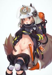 Rule 34 | 1girl, animal ears, arknights, bandaid, bandaid on pussy, black gloves, black jacket, black shorts, blush, brown eyes, brown hair, clothes lift, commentary request, fake animal ears, female focus, firefighter, firefighter jacket, gloves, grey background, groin, helmet, highres, jacket, jacket lift, knee pads, lifted by self, long sleeves, navel, open mouth, shaw (arknights), short shorts, shorts, simple background, solo, tail, teeth, upper teeth only, visor, white headwear, xo (xo17800108)
