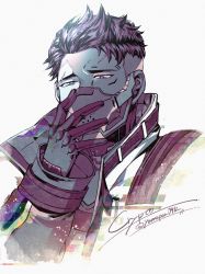 Rule 34 | 1boy, animification, apex legends, character name, crypto (apex legends), eyebrow cut, gloves, highres, machine language crypto, male focus, mask, mouth mask, mozuwaka, official alternate costume, portrait, short hair, solo, twitter username, undercut, white background