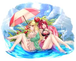 Rule 34 | 2girls, absurdres, alternate costume, asada sadao, beach, blonde hair, breasts, chest jewel, cleavage, earrings, highres, jewelry, large breasts, long hair, multiple girls, mythra (xenoblade), pyra (xenoblade), red eyes, red hair, short hair, swept bangs, tiara, very long hair, xenoblade chronicles (series), xenoblade chronicles 2, yellow eyes