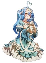 Rule 34 | 1girl, absurdres, ahoge, bandaged arm, bandaged hand, bandaged head, bandages, blue dress, blue hair, blush, commentary request, cowboy shot, dress, flower, frilled sleeves, frills, hair between eyes, heart, heart ahoge, highres, hololive, long hair, long sleeves, looking at viewer, parted lips, pointy ears, rose, solo, sushida hayari, transparent background, virtual youtuber, white flower, white rose, wide sleeves, yellow eyes, yukihana lamy