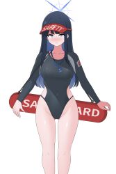 Rule 34 | 1girl, absurdres, black hair, black one-piece swimsuit, blue archive, blue eyes, breasts, collarbone, feet out of frame, halo, highres, hrna, lifeguard, long hair, long sleeves, looking at viewer, medium breasts, multicolored clothes, multicolored swimsuit, one-piece swimsuit, saori (blue archive), simple background, solo, swimsuit, visor cap, whistle, whistle around neck, white background