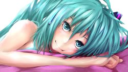 Rule 34 | 1girl, blue eyes, blue hair, blue tank top, blush, boru (ochagashi), cheek squash, closed mouth, commentary request, hair between eyes, hair ornament, hatsune miku, headset, highres, long hair, looking at viewer, lying, on bed, on side, pov across bed, smile, solo, tank top, vocaloid