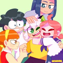 Rule 34 | 2girls, 3boys, a&#039;gen (the legend of luoxiaohei), animal ears, artist name, black hair, blue hair, blue sailor collar, bright pupils, brown eyes, cat boy, cat ears, closed eyes, glasses, green background, green eyes, hand on another&#039;s head, highres, hug, long hair, luo xiaobai, luo xiaohei, luo xiaohei zhanji, multiple boys, multiple girls, no nose, one eye closed, open mouth, orange hair, pink hair, profile, red shirt, sailor collar, shanxin (the legend of luoxiaohei), shirt, short hair, short sleeves, simple background, sleeveless, sleeveless shirt, smile, tank top, thirtythreedeer, thumbs up, white hair, white pupils, white shirt, white tank top, wuxian (the legend of luoxiaohei), yellow shirt