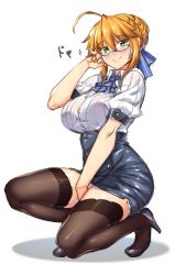 Rule 34 | 1girl, ahoge, artoria pendragon (fate), artoria pendragon (lancer) (fate), bespectacled, between legs, black pantyhose, blonde hair, blue-framed eyewear, braid, breasts, collared shirt, commentary request, fate/grand order, fate (series), french braid, from side, full body, glasses, green eyes, hair between eyes, hand between legs, highres, kneeling, large breasts, looking at viewer, pantyhose, pencil skirt, semi-rimless eyewear, shirokuma a, shirt, short sleeves, sidelocks, simple background, skirt, smile, swept bangs, thighhighs, white background, zettai ryouiki