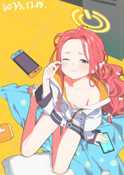 Rule 34 | 1girl, absurdres, ahoge, arm support, bags under eyes, blanket, blue archive, blue eyes, blush, bow, braid, breasts, cellphone, closed mouth, collarbone, crumpled paper, dated, feet, forehead, from above, hair bow, halo, handheld game console, highres, hood, hooded jacket, jacket, legs, locker, long hair, long sleeves, looking at viewer, looking up, messy hair, multiple hair bows, off shoulder, one eye closed, phone, pillow, red hair, rubbing eyes, sandals, sitting, small breasts, smartphone, solo, tile floor, tiles, tissue, tissue box, toes, very long hair, waking up, wavy mouth, white bow, white jacket, xpsuv, yellow halo, yokozuwari, yuzu (blue archive)