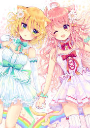 Rule 34 | 2girls, ;d, absurdres, ahoge, animal ears, bare shoulders, bell, blonde hair, bow, cat ears, cross-laced clothes, detached collar, dress, elbow gloves, fang, flower, gloves, green ribbon, hair flower, hair ornament, holding hands, highres, interlocked fingers, jingle bell, long hair, lying, multiple girls, niikura kaori, one eye closed, open mouth, original, pink hair, plaid, plaid bow, polka dot, rainbow, red ribbon, ribbon, short dress, short hair, smile, tail, thighhighs, white dress, white gloves, white legwear, zettai ryouiki