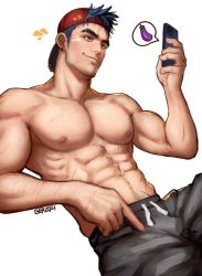 Rule 34 | 1boy, abs, bara, eggplant, greenteaa, hat, highres, large pectorals, male focus, mature male, muscular, muscular male, navel, nipples, original, pectorals, phone, short hair, smile, solo, spiked hair, thick eyebrows, topless male