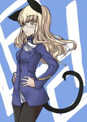 Rule 34 | 1girl, animal ears, ascot, black ears, black tail, blonde hair, blue background, cat ears, cat tail, from side, glasses, hands on own hips, long hair, pantyhose, perrine h. clostermann, sawaki saki, smile, solo, strike witches, tail, uniform, wavy hair, world witches series, yellow eyes