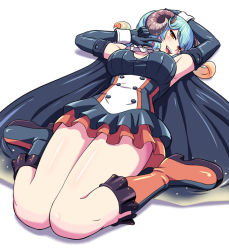 Rule 34 | 1girl, arm up, armpits, ascot, asymmetrical footwear, bare shoulders, black gloves, blue hair, blush, boots, breasts, cape, cleavage cutout, clothing cutout, demon girl, demon horns, dress, elbow gloves, fangs, finger to mouth, full body, gloves, gradient hair, hair ribbon, horns, index finger raised, kanabuso, lapis (sennen sensou aigis), large breasts, layered dress, long hair, looking at viewer, lying, mismatched footwear, multicolored hair, on back, open mouth, orange eyes, orange hair, ribbon, sennen sensou aigis, short dress, smile, solo, twintails, underbust, uneven footwear, white background, wrist cuffs
