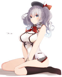 Rule 34 | 10s, 1girl, adapted costume, bad id, bad pixiv id, bare shoulders, between legs, black socks, blue eyes, bottomless, bow, bowtie, breasts, buttons, female focus, frills, full body, hand between legs, hat, hat bow, highres, kantai collection, kashima (kancolle), kneehighs, large breasts, looking at viewer, pouty lips, red bow, red bowtie, shirt, short hair, signature, silver hair, simple background, sitting, sleeveless, sleeveless shirt, socks, solo, tebi (tbd11), two side up, v arms, wariza, white background, wrist cuffs
