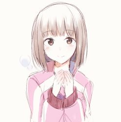 Rule 34 | 1girl, blunt bangs, blush, bob cut, breath, brown eyes, brown hair, commentary request, hands on own chest, jacket, light blush, looking at viewer, own hands together, pink jacket, short hair, simple background, smile, solo, takitsubo rikou, toaru majutsu no index, track jacket, upper body, white background