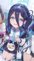 Rule 34 | 3girls, absurdly long hair, animal ear headphones, animal ears, aris (blue archive), black hair, black hairband, blue archive, blue eyes, blue hair, blue necktie, blush, bow, breast pocket, cake, cake slice, cat ear headphones, collar, commentary request, couch, dark blue hair, fake animal ears, food, food on face, from above, hair between eyes, hairband, halo, handheld game console, headphones, highres, holding, holding handheld game console, jacket, legs together, long hair, long sleeves, looking at viewer, momoi (blue archive), multicolored clothes, multicolored jacket, multiple girls, necktie, off shoulder, on couch, one side up, open mouth, pleated skirt, pocket, red bow, ringed eyes, school uniform, shirt, shirt tucked in, sidelocks, sitting, skirt, smile, solo focus, thighs, tie clip, tile floor, tiles, tsukiiro, very long hair, white collar, white jacket, white shirt, yuuka (blue archive), zipper