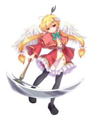Rule 34 | 1girl, akinomiya asuka, belt, black footwear, black pantyhose, blonde hair, bow, derivative work, dress, feathered wings, full body, green bow, highres, long hair, looking at viewer, mystical power plant, original, pantyhose, red eyes, saraka sant&#039;angelo, scythe, shawl, shoes, solo, standing, touhou, transparent background, twintails, white background, white wings, wings