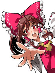 Rule 34 | 1girl, ascot, bare shoulders, bow, brown hair, detached sleeves, hair bow, hair tubes, hakurei reimu, open mouth, outstretched hand, red eyes, saipin, solo, touhou, white background
