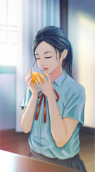 Rule 34 | 1girl, absurdres, an-zen, black hair, black skirt, blue shirt, blurry, blurry background, closed eyes, cup, drinking, facing viewer, hands up, highres, holding, holding cup, indoors, juice, long hair, orange juice, original, ponytail, red ribbon, ribbon, school uniform, shirt, short sleeves, skirt, solo, window