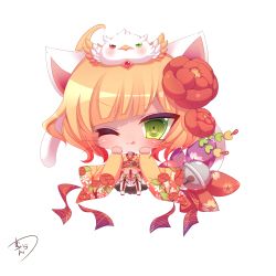 Rule 34 | 1girl, ;d, absurdres, ahoge, animal, animal ears, animal on head, bad id, bad pixiv id, bell, big head, bird, bird on head, blonde hair, blush, boots, bow, cat ears, cat girl, cat tail, charlotte (shironeko project), chibi, closed mouth, commentary request, cross-laced footwear, diagonal bangs, fang, fang out, floral print, flower, gradient hair, green eyes, hair flower, hair ornament, heterochromia, highres, japanese clothes, jingle bell, kimono, knee boots, lace-up boots, long sleeves, looking at viewer, multicolored hair, muuran, obi, on head, one eye closed, open mouth, orange kimono, pleated skirt, print bow, print kimono, purple bow, red bow, red eyes, red flower, red hair, red skirt, sash, shironeko project, short kimono, sitting, skirt, smile, solo, tail, tail bell, tail bow, tail ornament, whiskers, white footwear, wide sleeves