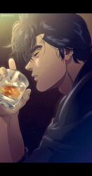 Rule 34 | 1boy, absurdres, adam&#039;s apple, alcohol, black jacket, brown background, city hunter, closed eyes, cup, drink, from side, highres, holding, holding cup, holding drink, ice, ice cube, jacket, light particles, loose hair strand, male focus, parted lips, saeba ryou, short hair, sidelocks, solo, twitter username, yuu (masarunomori)