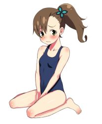 Rule 34 | 1girl, bare shoulders, barefoot, blush, breasts, brown hair, butterfly hair ornament, chousoku henkei gyrozetter, feet, frown, gagajya, green eyes, hair ornament, inaba rinne, long hair, one-piece swimsuit, school swimsuit, side ponytail, simple background, sitting, small breasts, solo, swimsuit, toenails, toes, wariza, wavy mouth, white background