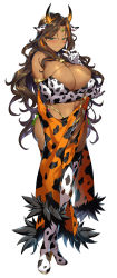 Rule 34 | 1girl, absurdres, animal ears, animal print, armpits, bare shoulders, bell, blush, boots, breasts, brown hair, bunnystein fantasy, cleavage, commentary request, cow ears, cow horns, cow print, crossed arms, dark-skinned female, dark skin, earrings, elbow gloves, fake animal ears, full body, fur trim, gloves, gold trim, green eyes, hand up, high heels, highleg, highleg panties, highres, horns, huge breasts, jewelry, large breasts, lips, long hair, looking at viewer, mirage (bunnystein fantasy), mole, mole on breast, mole under mouth, multicolored hair, neck bell, orange hair, panties, seductive smile, senri gan, shiny skin, simple background, smile, standing, sweat, sweatdrop, thigh boots, thighs, tiara, two-tone hair, underwear