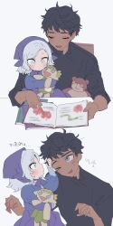 Rule 34 | 2boys, aged down, black hair, black shirt, blue dress, closed eyes, collared shirt, dark-skinned male, dark skin, doll, dress, dungeon meshi, ear covers, grabbing another&#039;s hair, head scarf, highres, holding, holding doll, juliet sleeves, kabru, long sleeves, male focus, maratang, mithrun, multiple boys, open mouth, puffy sleeves, shirt, simple background, smile, white background