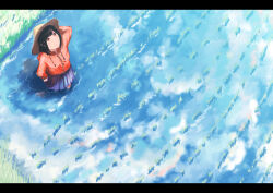 Rule 34 | 1girl, black hair, blue skirt, commentary request, day, from above, hat, hood, hood down, hooded jacket, inami hatoko, jacket, letterboxed, looking up, orange jacket, original, outdoors, pleated skirt, red eyes, rice paddy, short hair, sidelocks, skirt, solo, straw hat, sun hat, wading