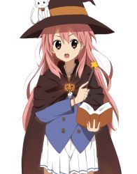 Rule 34 | 1girl, bad id, bad pixiv id, book, cape, female focus, hat, original, pink hair, sham fu, solo, white background, witch hat