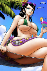 Rule 34 | 1girl, ass, bikini, bird, black hair, breasts, from below, iury padilha, large breasts, nico robin, one piece, outdoors, solo, source request, sunglasses, swimsuit, tagme, underboob