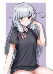 Rule 34 | 1girl, abataa, absurdres, alternate costume, black shirt, border, brown eyes, commentary request, cowboy shot, grey background, grey hair, hair ribbon, highres, kantai collection, long hair, murakumo (kancolle), one-hour drawing challenge, ribbon, shirt, sidelocks, sitting, solo, t-shirt, tress ribbon, two-tone background, white border