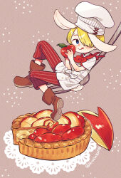 Rule 34 | 1boy, :p, aged down, animal ears, apple, apple pie, artist name, blonde hair, blue eyes, blush, boots, bow, brown footwear, chef, chef hat, child, commentary request, curly eyebrows, food, fork, fruit, full body, hair over one eye, hat, holding, holding food, holding fruit, light brown background, looking to the side, male focus, mitsubachi koucha, nose blush, one piece, oversized food, oversized object, pants, pie, rabbit boy, rabbit ears, rabbit tail, red pants, red sailor collar, sailor collar, sanji (one piece), short hair, simple background, striped clothes, tail, tongue, tongue out, white bow