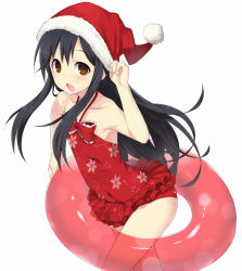 Rule 34 | 1girl, bare shoulders, black hair, blush, brown eyes, casual one-piece swimsuit, chestnut mouth, covered navel, dungeons &amp; princess, floral print, frilled swimsuit, frills, hat, innertube, long hair, one-piece swimsuit, open mouth, print swimsuit, red one-piece swimsuit, santa hat, solo, standing, swim ring, swimsuit, torimaru
