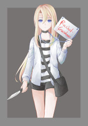 Rule 34 | 10s, 1girl, bag, black background, black shorts, blonde hair, blue eyes, border, character name, choker, closed mouth, expressionless, featherwings24, holding, holding knife, holding sign, jacket, knife, long hair, long sleeves, looking at viewer, open clothes, open jacket, outside border, rachel gardner, satsuriku no tenshi, shirt, shorts, sign, solo, striped clothes, striped shirt, very long hair, white jacket