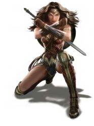 Rule 34 | 1girl, armor, black hair, brown eyes, dawn of justice, dc comics, dccu, full body, highres, lasso, lasso of truth, pteruges, shield, simple background, solo, strapless, sword, vambraces, weapon, wonder woman, wonder woman (series)