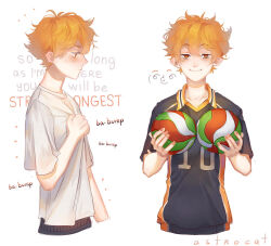 Rule 34 | 1boy, artist name, astrocatsama, ball, black footwear, black pants, black sleeves, blush, closed mouth, collar, collarbone, collared shirt, commentary, english commentary, english text, fingernails, from side, haikyuu!!, hand on own chest, hinata shouyou, holding, holding ball, light frown, looking at viewer, messy hair, multiple views, notice lines, orange collar, orange eyes, orange hair, pants, shirt, short hair, short sleeves, simple background, smile, sportswear, straight-on, upper body, volleyball (object), volleyball uniform, white background, white shirt