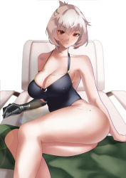Rule 34 | 1girl, absurdres, arm support, azur lane, bare shoulders, beach chair, bikini, black one-piece swimsuit, breasts, cleavage, duca degli abruzzi (azur lane), duca degli abruzzi (lustrous onyx sirenetta) (azur lane), harstfazn, highres, large breasts, looking at viewer, mechanical arms, one-piece swimsuit, prosthesis, prosthetic arm, red eyes, silver hair, single mechanical arm, sitting, swimsuit, thighs, white background