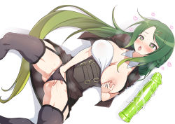 Rule 34 | 1girl, black panties, black thighhighs, blush, braid, breasts, character request, collar, copyright request, detached collar, dildo, drooling, female masturbation, fingering, green eyes, green hair, hair ornament, hairclip, heart, heart-shaped pupils, highres, jewelry, kounosu satori, large breasts, long hair, looking at viewer, lying, masturbation, nipple stimulation, nipple tweak, nipples, on back, open clothes, open mouth, panties, pussy juice, ring, saliva, sex toy, shadow, simple background, solo, spread legs, sweat, symbol-shaped pupils, thighhighs, tweaking own nipple, underwear, vaginal, very long hair, white background, white collar