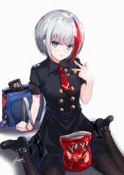 Rule 34 | 1girl, admiral graf spee (azur lane), admiral graf spee (girl&#039;s sunday) (azur lane), arm support, artist name, azur lane, bag, bee doushi, black dress, black footwear, black pantyhose, blue eyes, breasts, bugles, bugles (food), bugles on fingers, closed mouth, collared dress, commentary request, dress, food, food on hand, grey background, hair between eyes, hand up, head tilt, highres, looking at viewer, multicolored hair, necktie, pantyhose, red hair, red necktie, shoes, short necktie, short sleeves, signature, silver hair, sitting, small breasts, solo, streaked hair, wariza