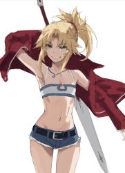 Rule 34 | 1girl, arm behind head, arm up, armpits, bandeau, bare shoulders, belt, blue shorts, blush, braid, breasts, clarent (fate), collarbone, cutoffs, denim, denim shorts, fate/apocrypha, fate (series), french braid, green eyes, grin, hair ornament, hair scrunchie, highres, jacket, jewelry, long hair, long sleeves, looking at viewer, mordred (fate), mordred (fate/apocrypha), mordred (memories at trifas) (fate), navel, necklace, open clothes, open jacket, ponytail, red jacket, red scrunchie, scrunchie, short shorts, shorts, simple background, small breasts, smile, solo, sword, tonee, weapon, white background