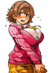 Rule 34 | 1girl, blush, breasts, brown eyes, brown hair, flying sweatdrops, honda mio, large breasts, looking at viewer, open mouth, perky breasts, sachito, short hair, simple background, skindentation, smile, solo, sweatdrop, white background