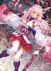 Rule 34 | 1girl, animal ears, bare shoulders, blue eyes, blue scarf, blush, boots, branch, breasts, bubble, cherry blossoms, cross-laced footwear, detached sleeves, dutch angle, floral print, fox ears, fox mask, gloves, hair between eyes, holding, holding branch, honkai (series), honkai impact 3rd, japanese clothes, kimono, knee boots, lace-up boots, lloule, long hair, long sleeves, looking at viewer, mask, miniskirt, obi, petals, pink hair, pink theme, plaid, plaid skirt, rabbit ears, red skirt, sash, scarf, short kimono, skirt, solo, thighhighs, thighs, traditional clothes, wavy hair, white thighhighs, wide sleeves, yae sakura, yae sakura (gyakushinn miko)