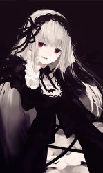 Rule 34 | 1girl, black background, blunt bangs, commentary request, gothic lolita, hairband, hand up, lolita fashion, lolita hairband, long hair, looking at viewer, makihitsuji, parted lips, red eyes, rozen maiden, silver hair, simple background, sketch, smile, solo, suigintou, upper body