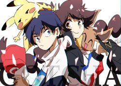 1boy 1girl ^_^ back-to-back baseball_cap black_hair blue_eyes blush_stickers brown_eyes brown_hair closed_eyes closed_mouth copyright_name creatures_(company) eevee closed_eyes game_freak gen_1_pokemon gotcha! hat highres jacket long_hair nintendo pikachu pokemon pokemon_(creature) simple_background smile ueda_hanako upper_body white_background