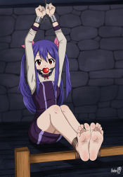 Rule 34 | 1girl, absurdres, ball gag, barefoot, bdsm, blue hair, bondage, bound, bound ankles, bound wrists, breasts, brown eyes, chain, chained, chained wrists, cuffs, fairy tail, feet, gag, gagged, highres, legs, restrained, shadow xcp, soles, toes, variant set, wendy marvell