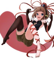 Rule 34 | 1girl, ame-rain, black gloves, blunt bangs, blush, box, box hair ornament, breasts, brown hair, brown shorts, elbow gloves, fang, gift, gift box, gloves, headphones, highres, looking at viewer, open mouth, original, shorts, single thighhigh, small breasts, solo, thighhighs, valentine
